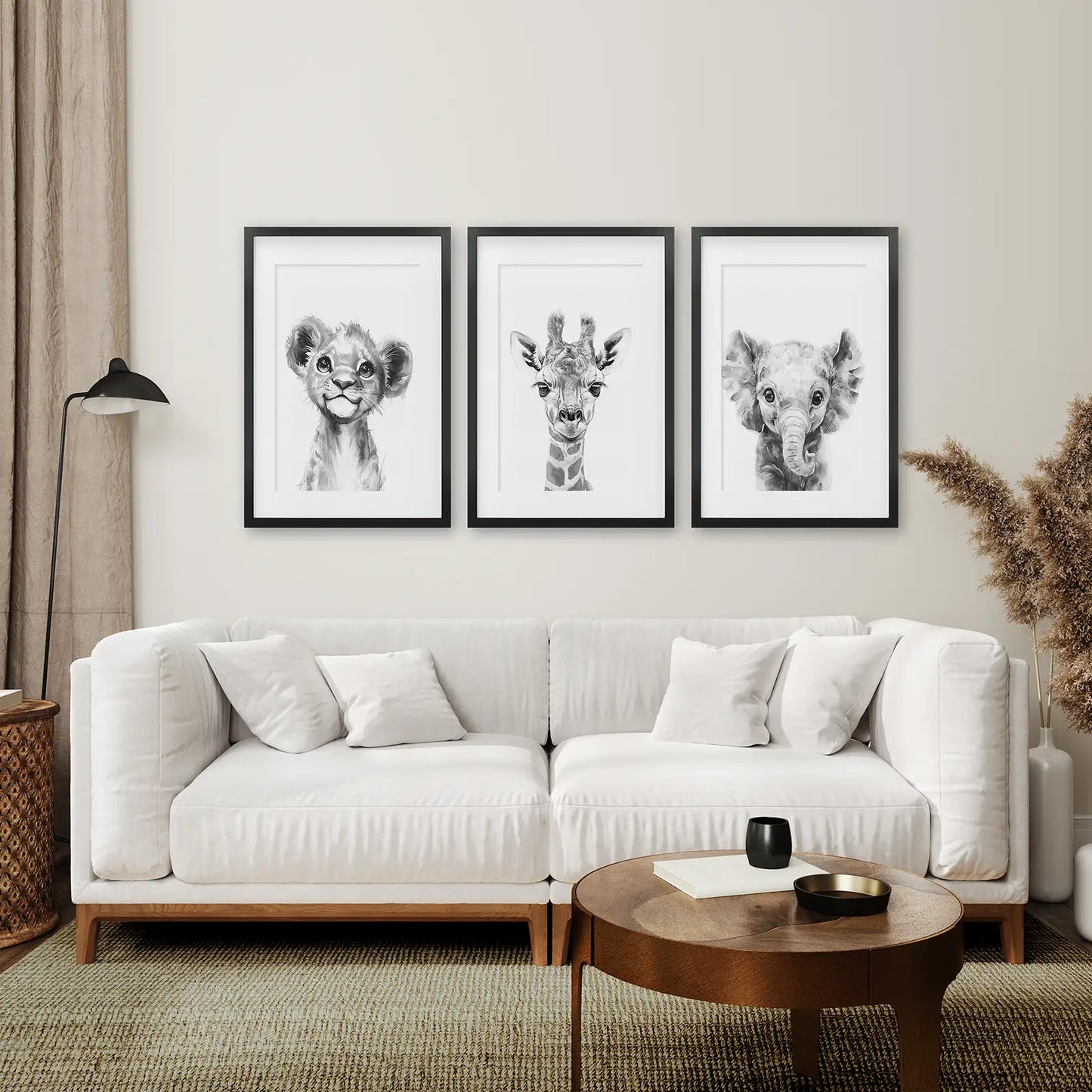 Black and White Jungle Nursery Wall Art Set of 3 - Lion, Giraffe, Elephant