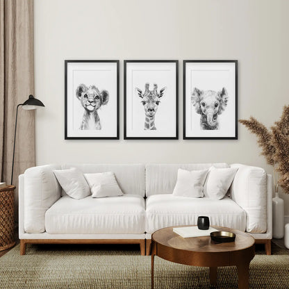 Black and White Jungle Nursery Wall Art Set of 3 - Lion, Giraffe, Elephant