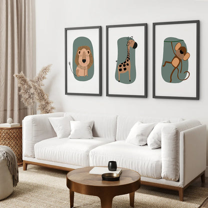 Cute Safari Baby Animals Nursery Wall Art Set of 3