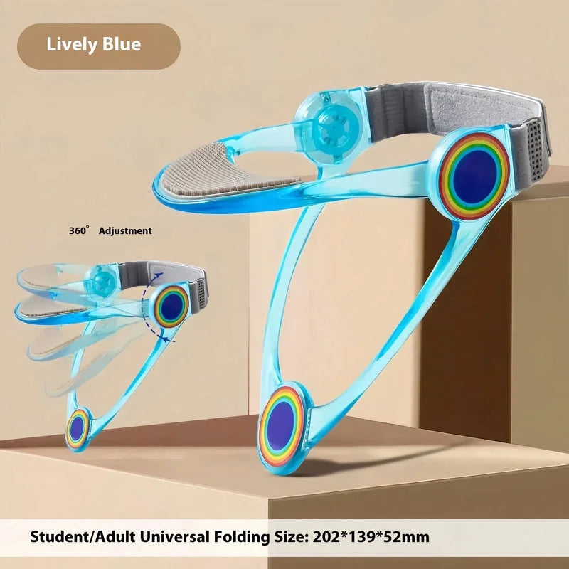 Lively blue adjustable neck brace with rainbow side accents displayed in multiple angle adjustments.
