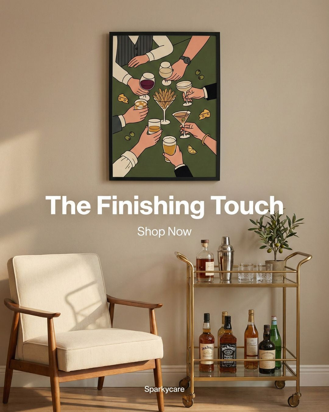 Living room with a bar cart, chair, and decorative wall art promoting 'The Finishing Touch' by Sparkycare.