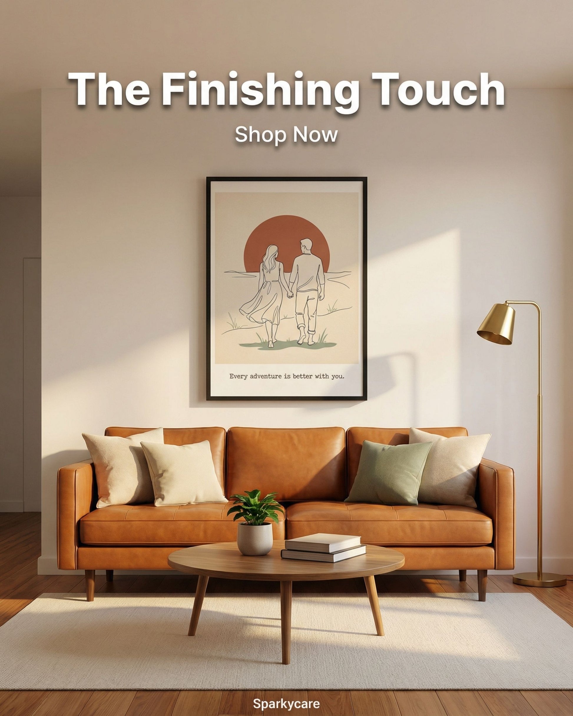 Living room with a brown sofa, coffee table, and framed artwork on the wall.