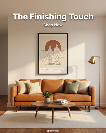 Living room with a brown sofa, coffee table, and framed artwork on the wall.