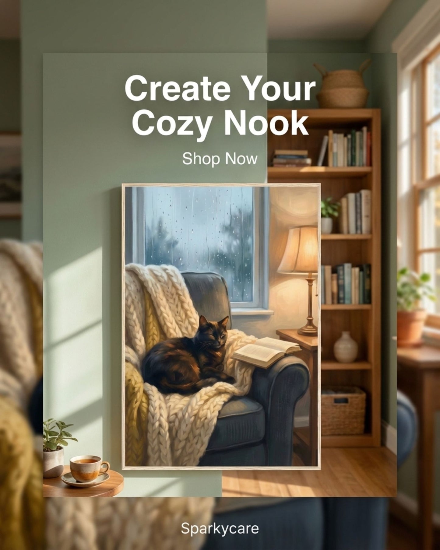 Living room with a cat on a couch, bookshelf, and window, with text 'Create Your Cozy Nook' and 'Shop Now' from Sparkycare.