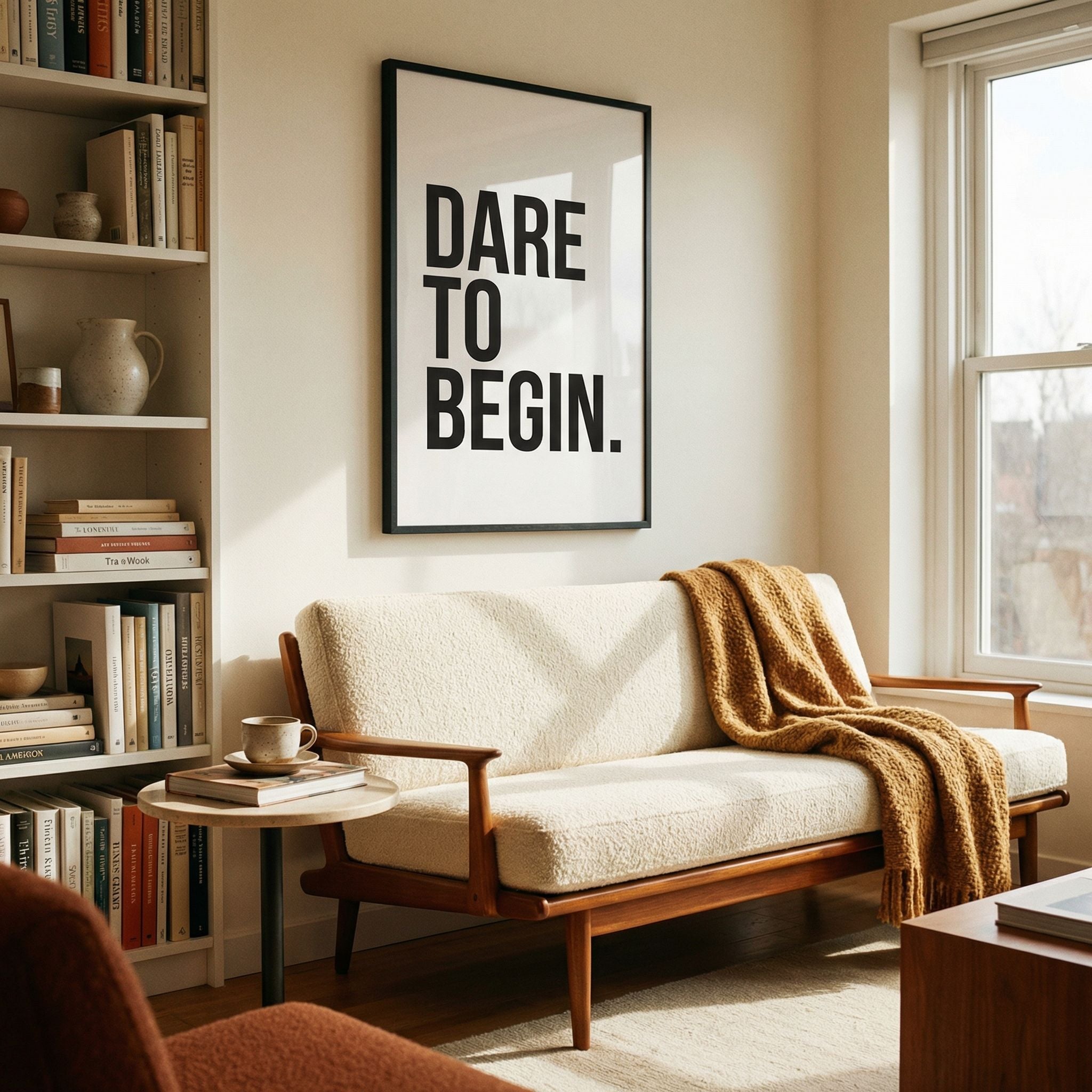 Living room with a couch, bookshelf, and motivational poster on the wall.