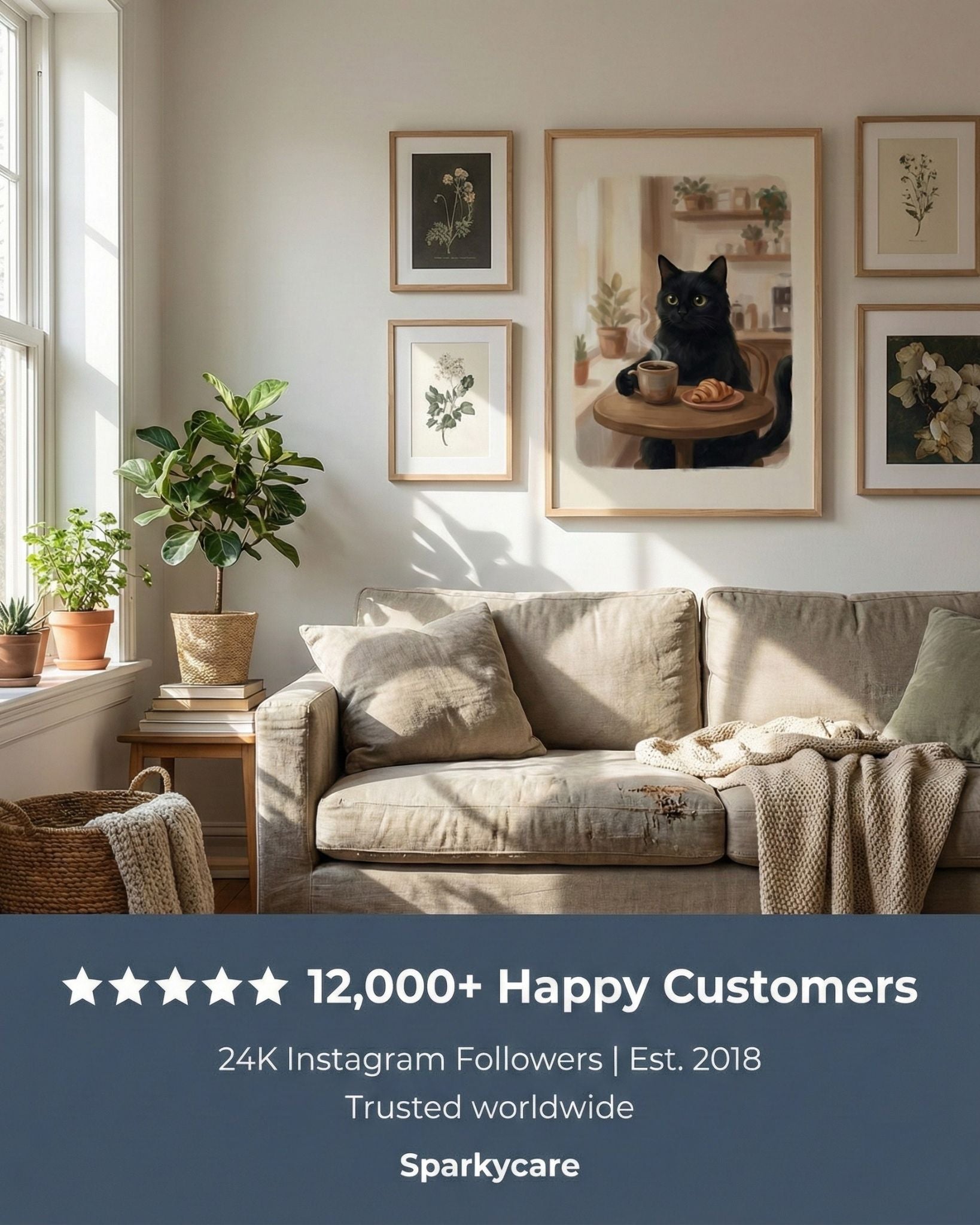 Living room with a couch, framed pictures, and plants, featuring Sparkycare branding.
