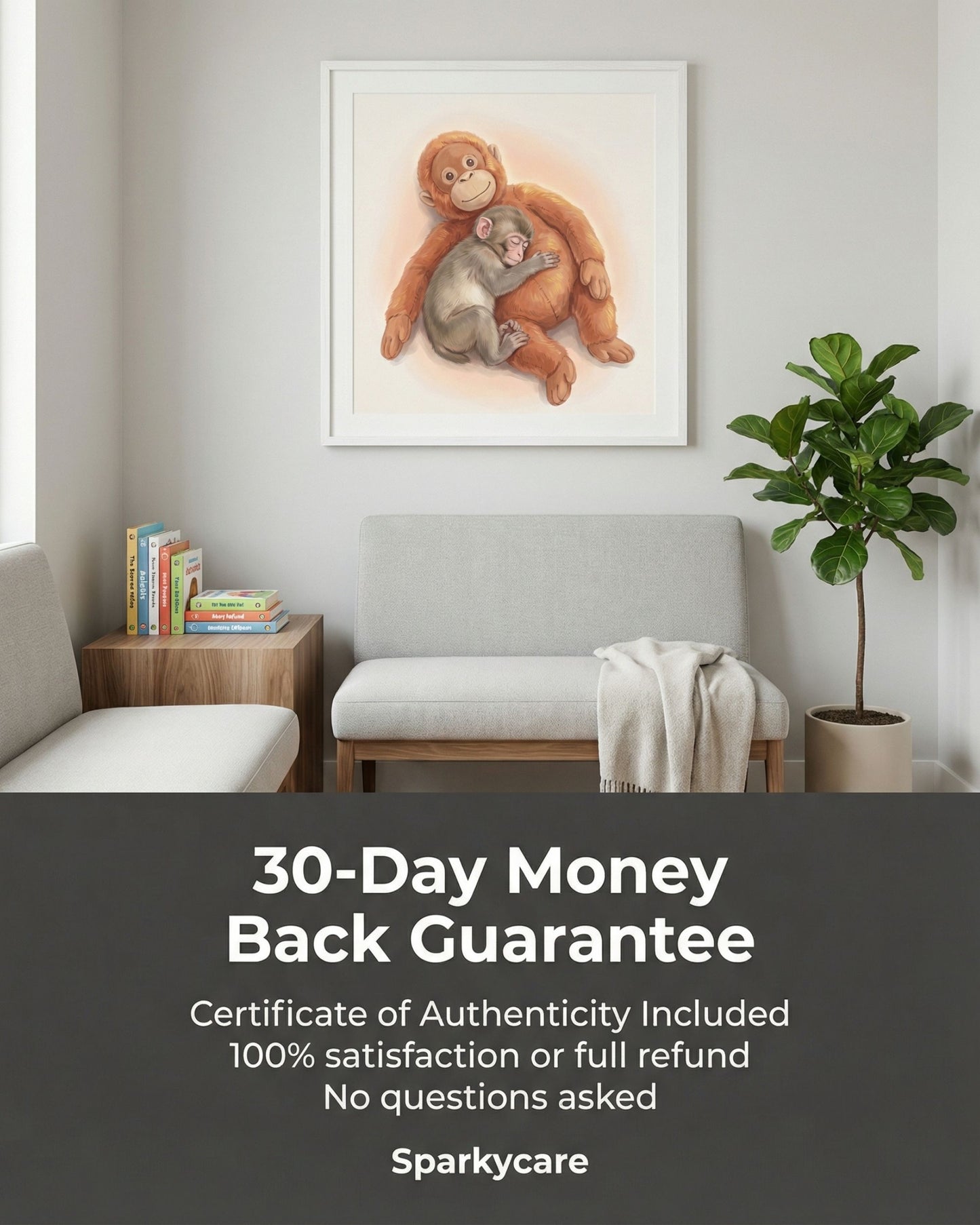 Living room with a framed artwork of two monkeys, books, a plant, and a couch.