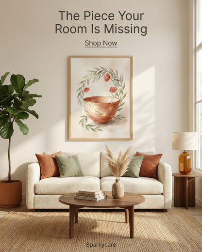 Living room with a framed artwork on the wall, a couch with pillows, and a plant.
