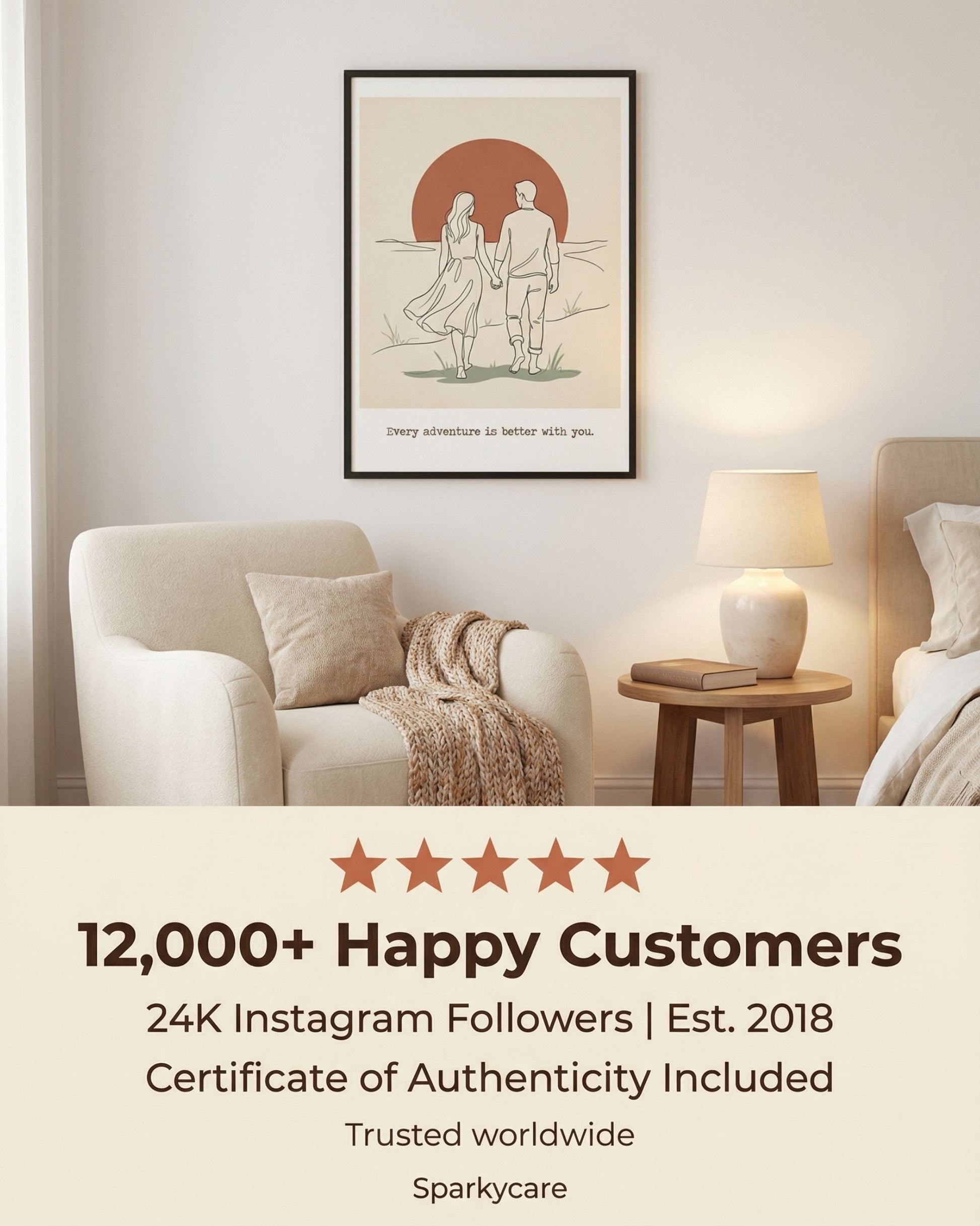 Living room with a framed artwork on the wall, featuring 12,000+ happy customers and Sparkycare branding.