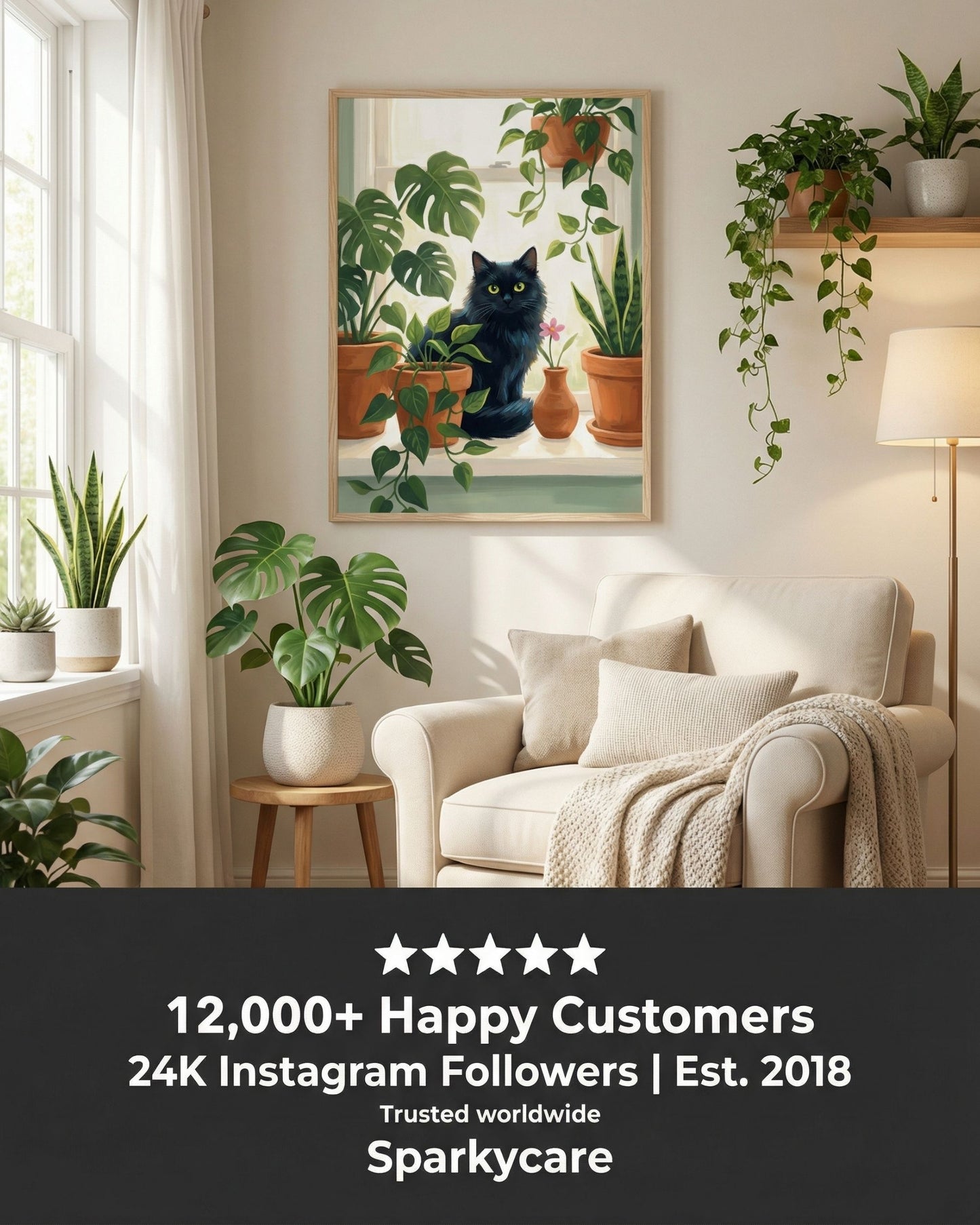 Living room with a framed picture of a cat among plants, featuring Sparkycare branding.