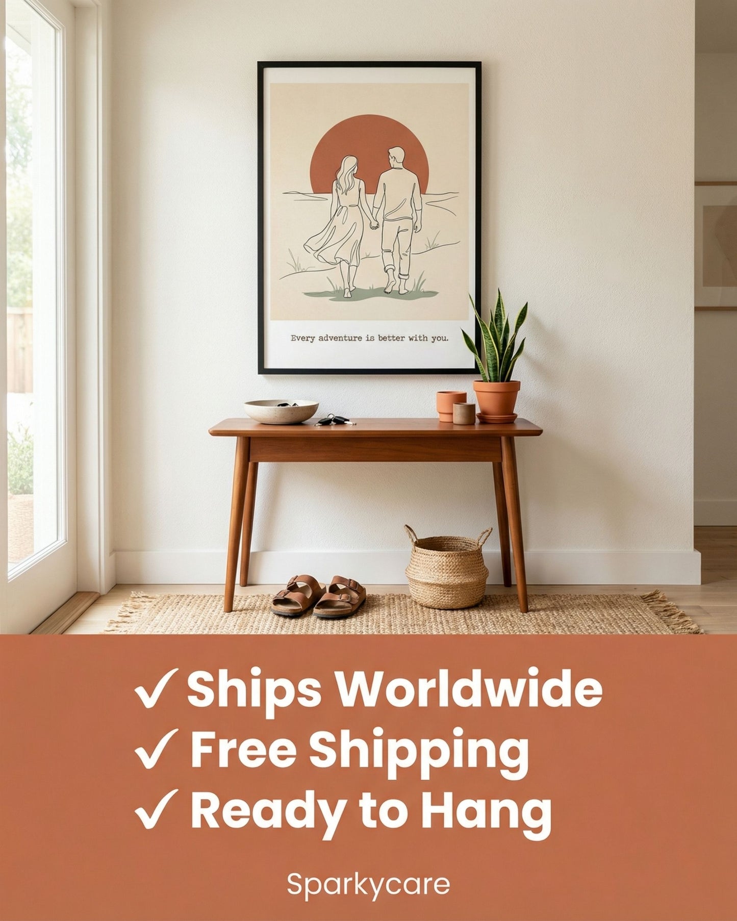 Living room with a framed picture on the wall, table with decor items, and promotional text about shipping and availability.