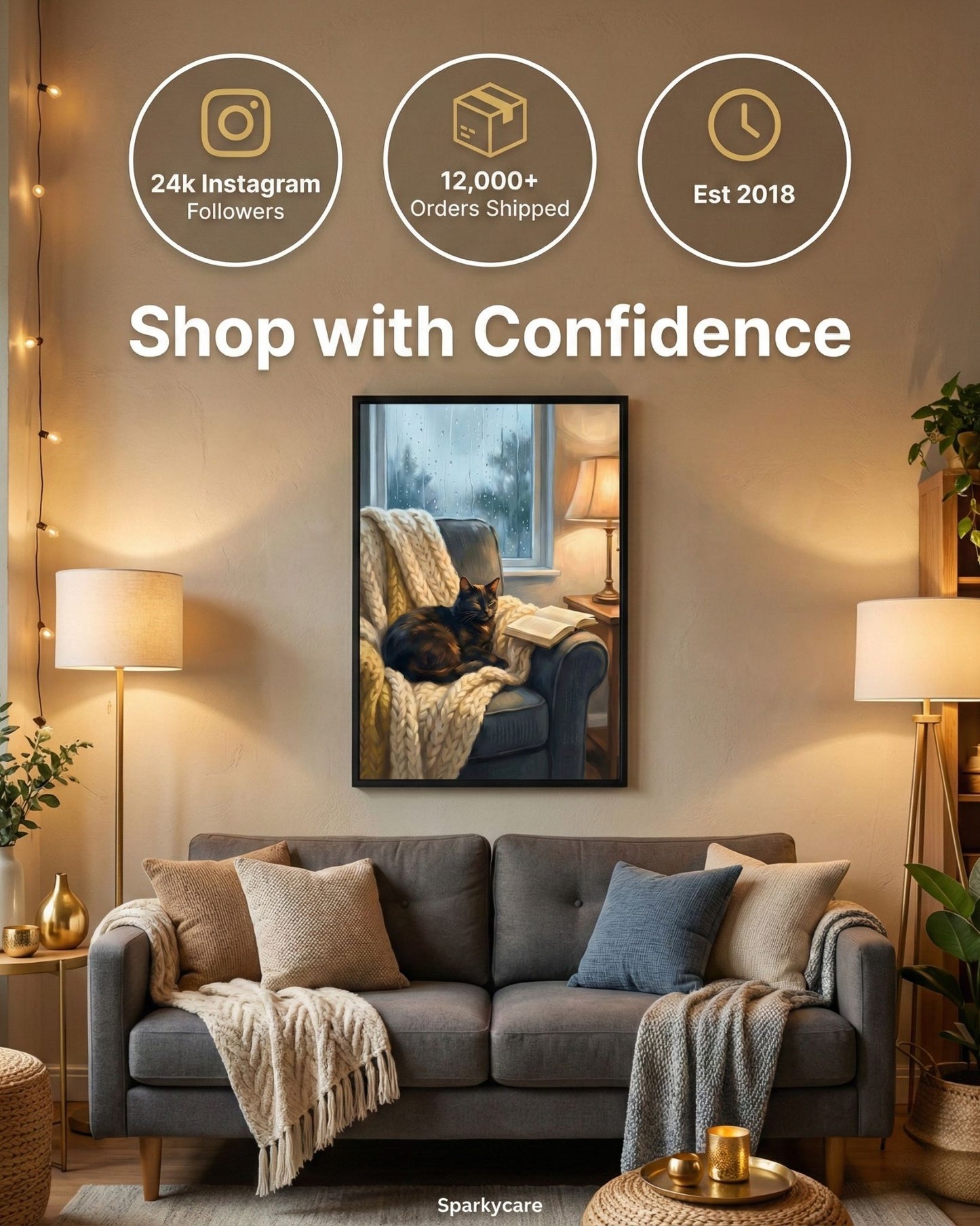 Living room with a gray sofa, framed picture of a cat, and decorative elements with branding and statistics.