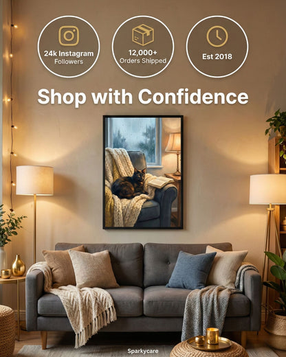Living room with a gray sofa, framed picture of a cat, and decorative elements with branding and statistics.