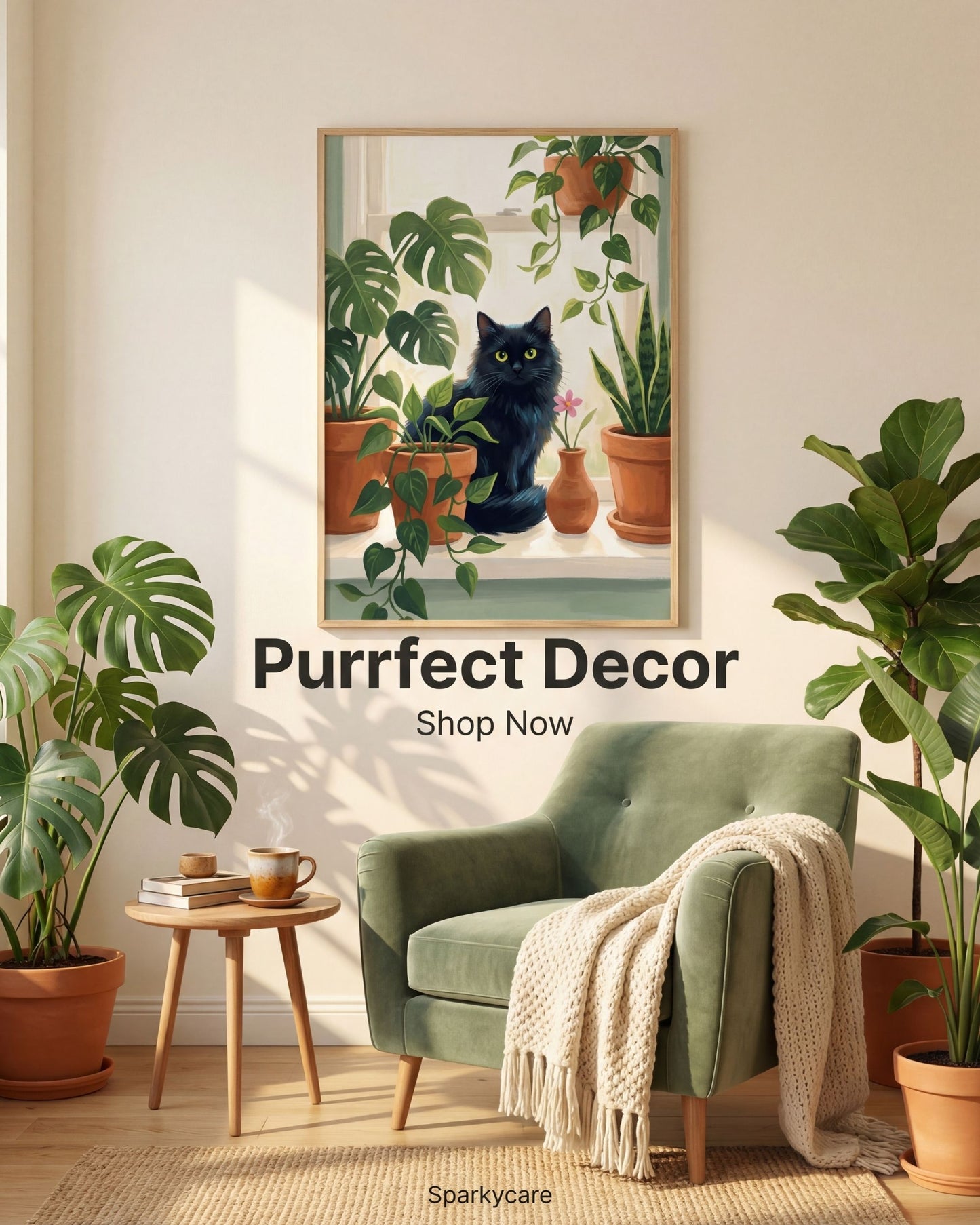 Living room with a green armchair, plants, and a framed picture of a cat among plants.