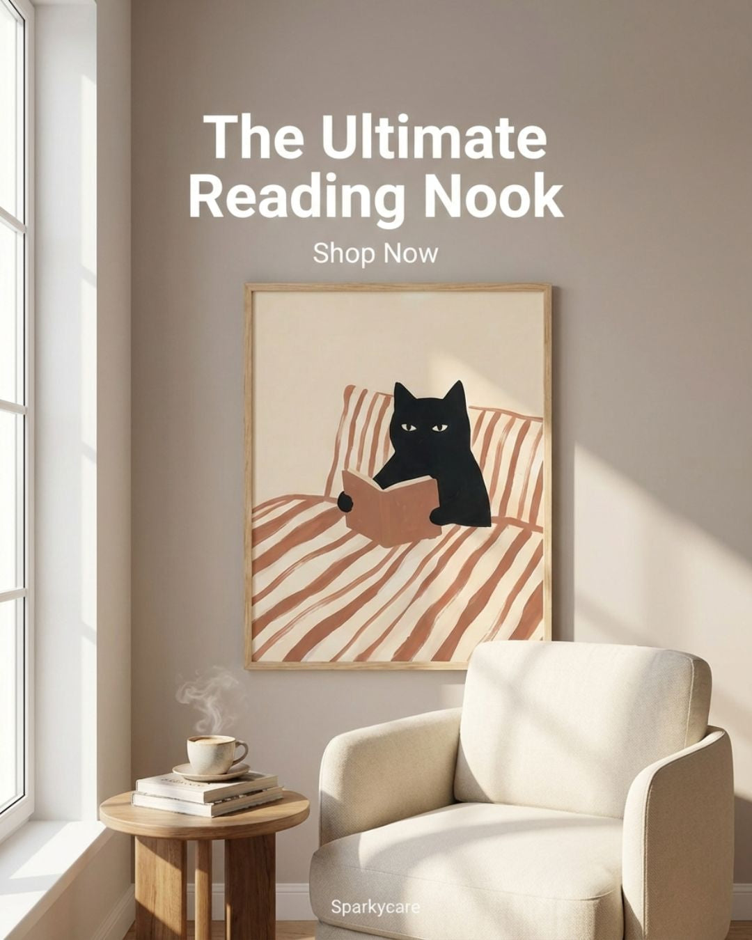 Living room with a white armchair, small table, and framed picture of a black cat on a striped blanket.