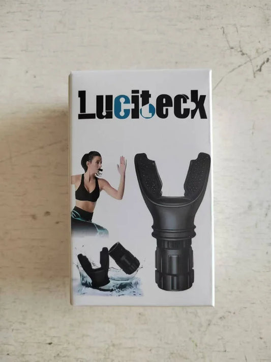 Luciteck breathing trainer device product packaging showing black mouthpiece with woman exercising for respiratory fitness training