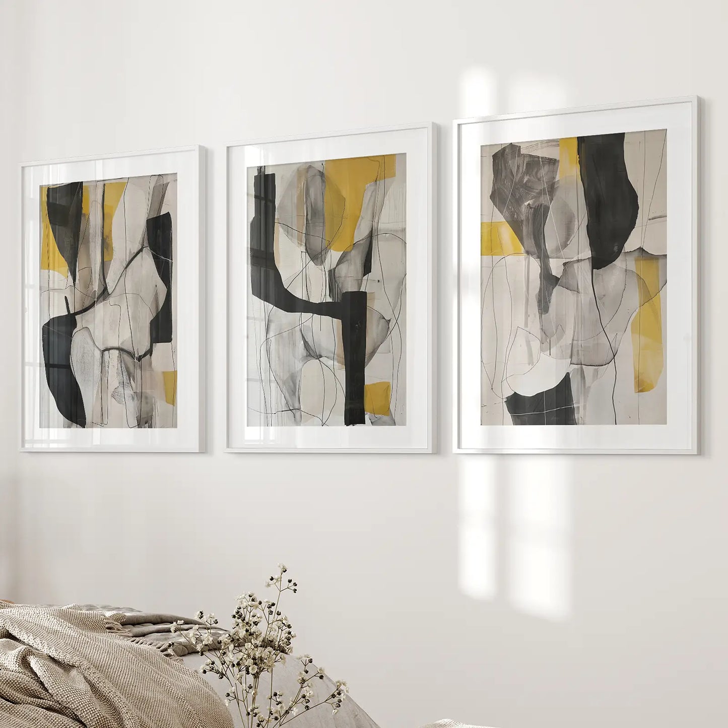 Golden Abstract Shapes Wall Art Set of 3 Modern Prints
