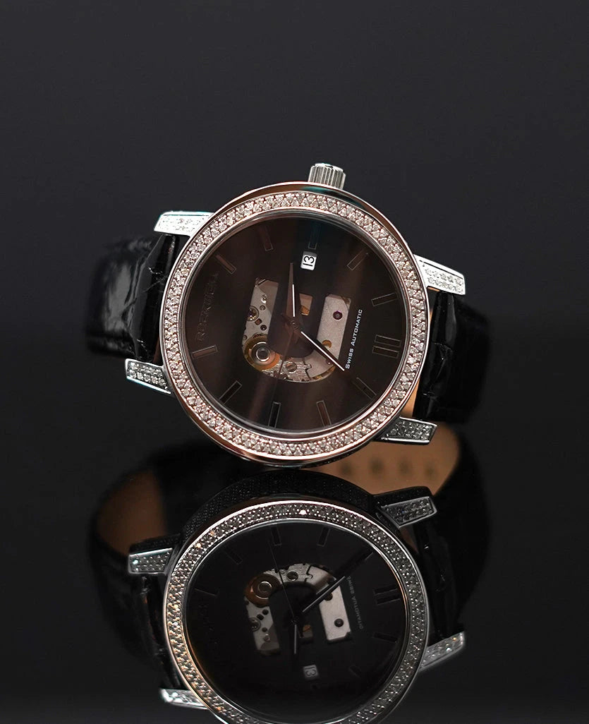 Luxury mens watch with 2.6 carat diamond bezel and black crocodile leather strap