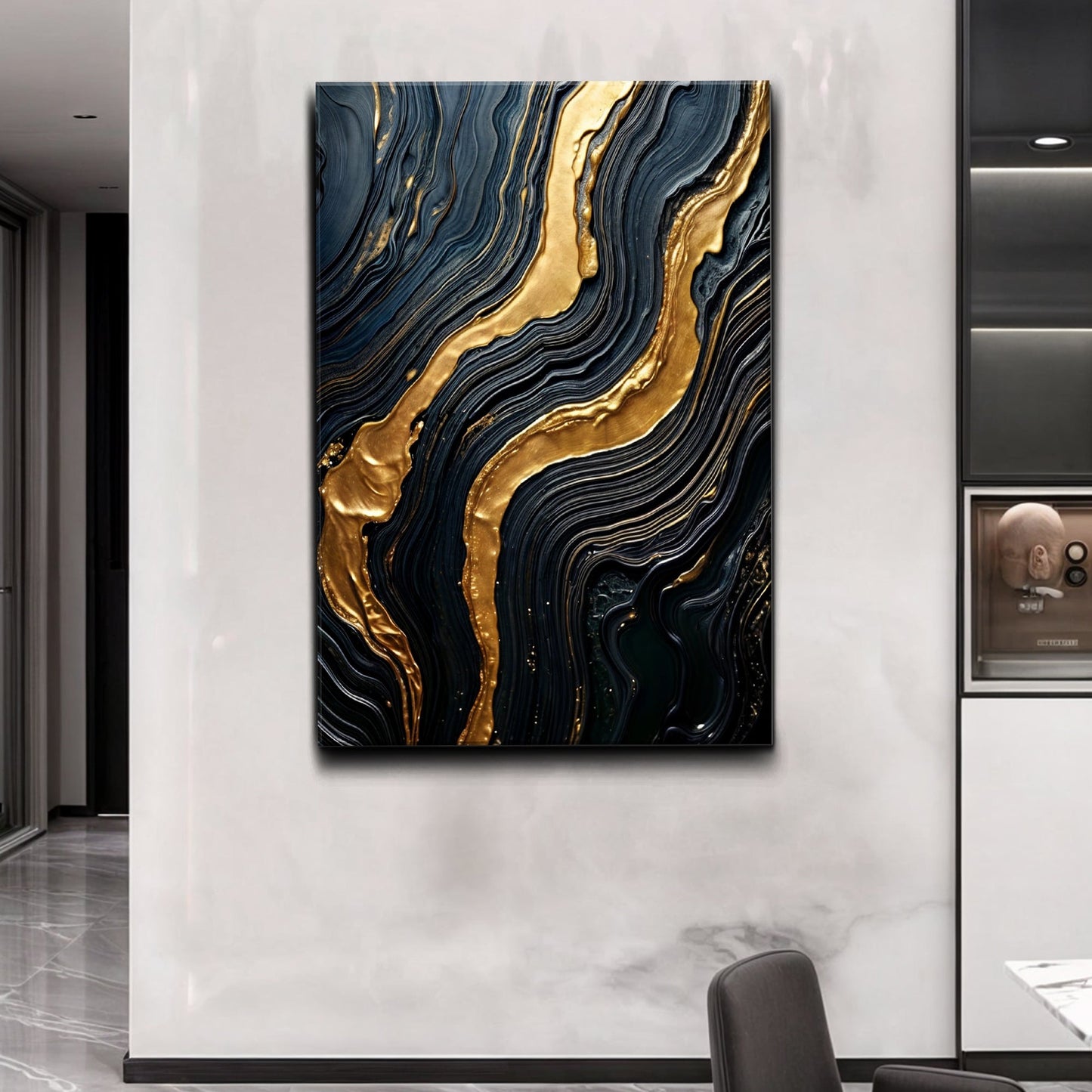 Golden lava flow abstract canvas wall art with molten gold veins on dark textured background