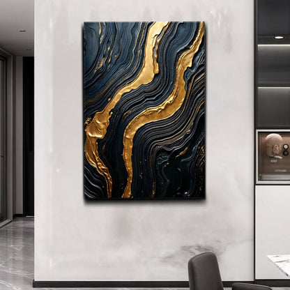 Golden lava flow abstract canvas wall art with molten gold veins on dark textured background