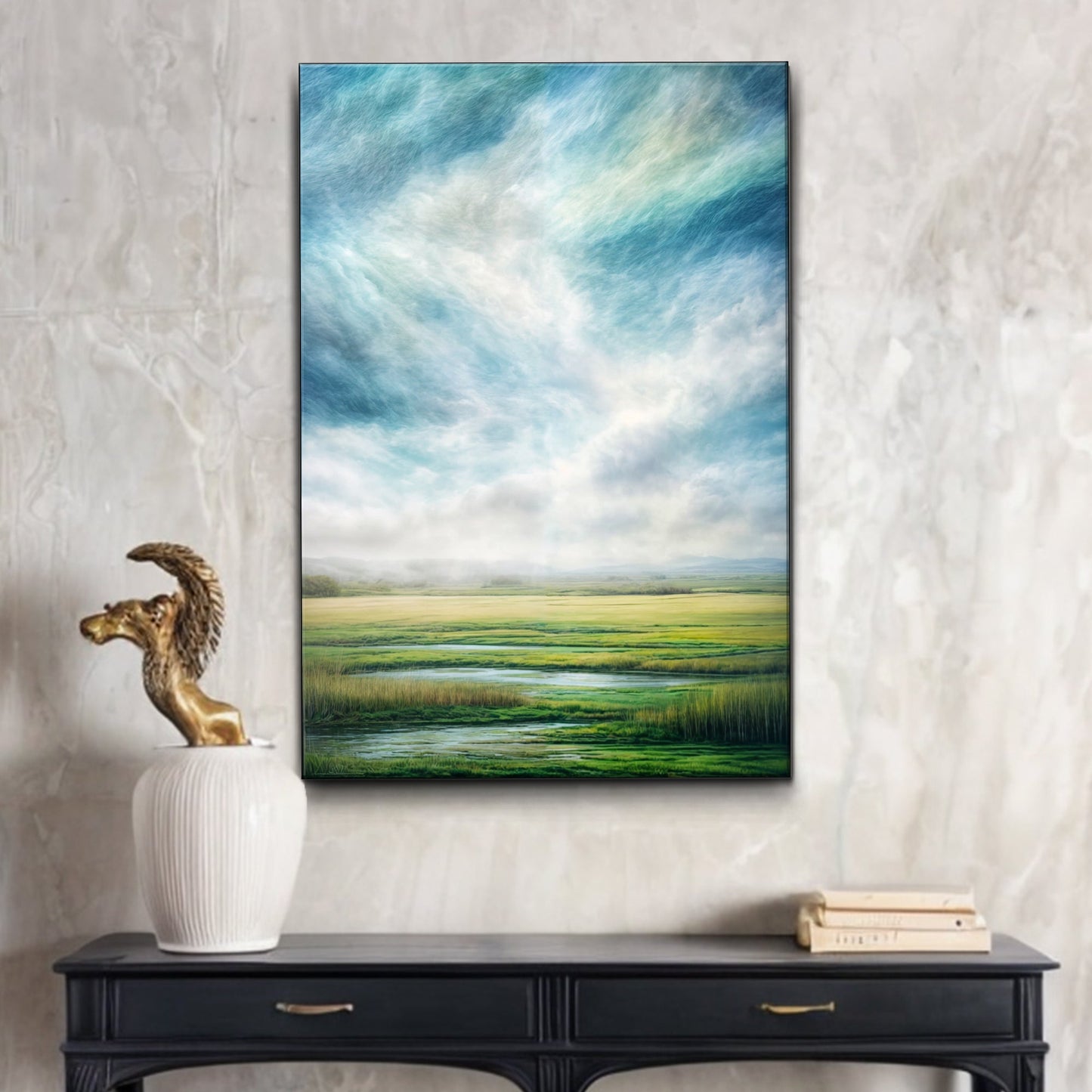 Skyview nature landscape canvas wall art with open skies and green fields in serene wide composition