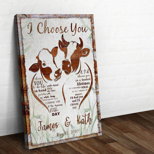 I Choose You cow couple canvas sign with two farm cows and custom names