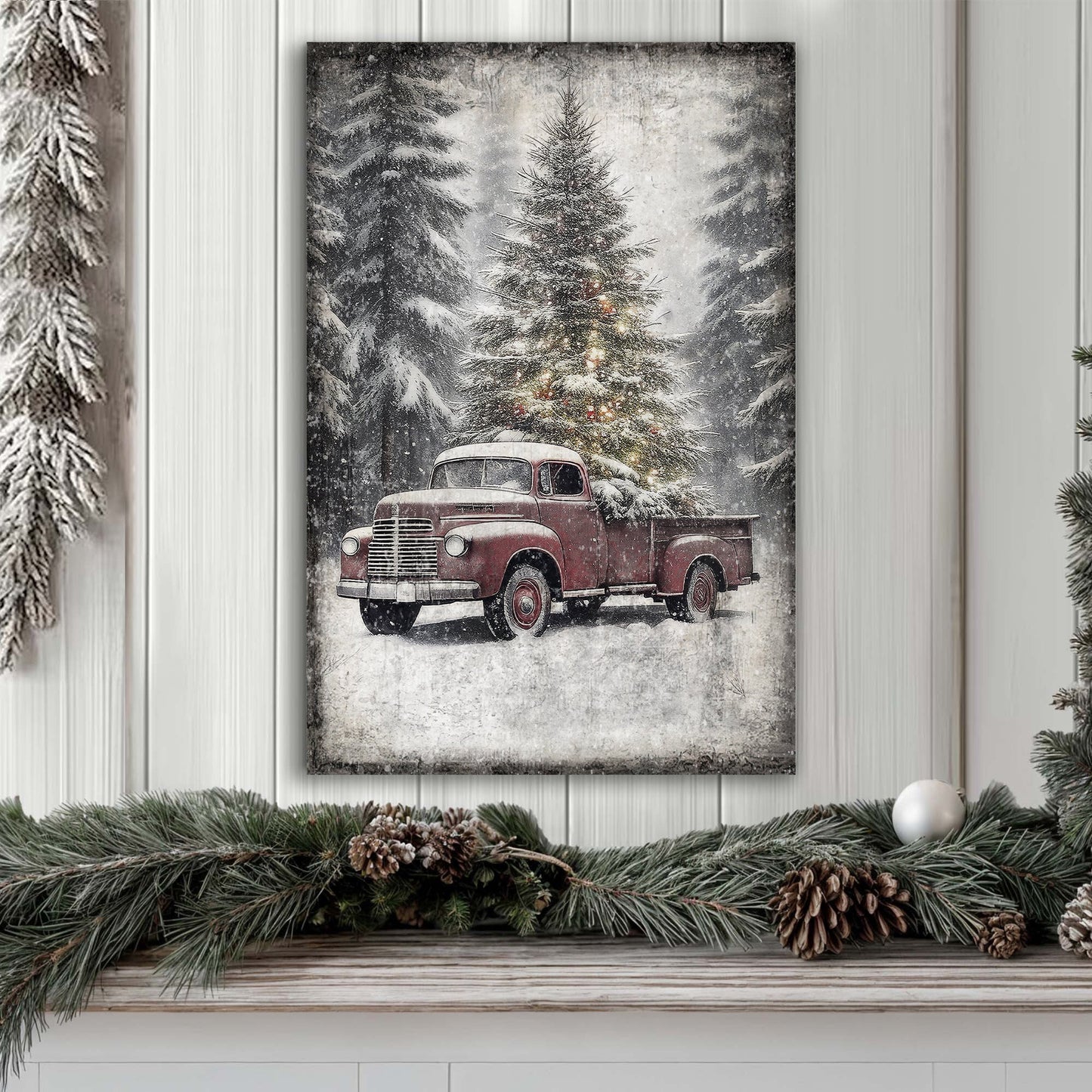 Vintage Truck With Christmas Tree Canvas Wall Art III