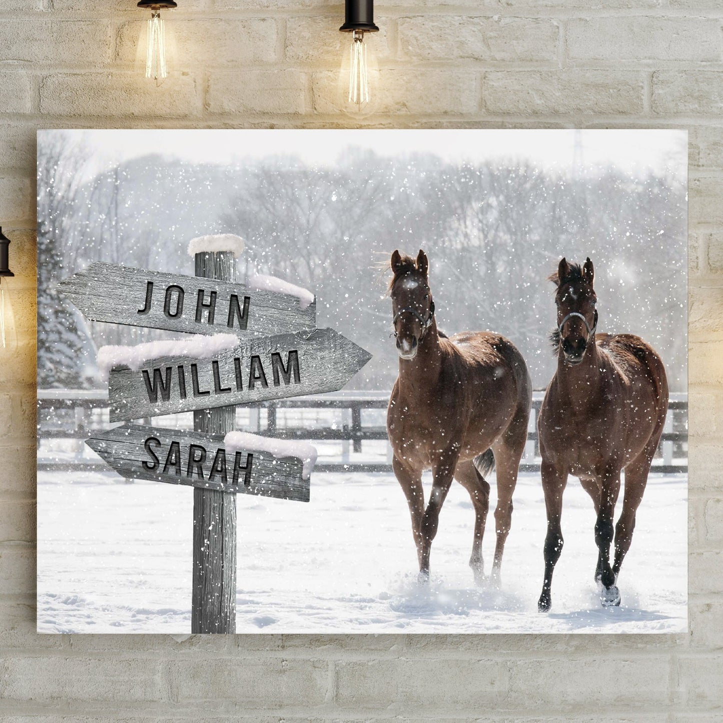 Snow horses personalized family name canvas sign with two horses in falling snow