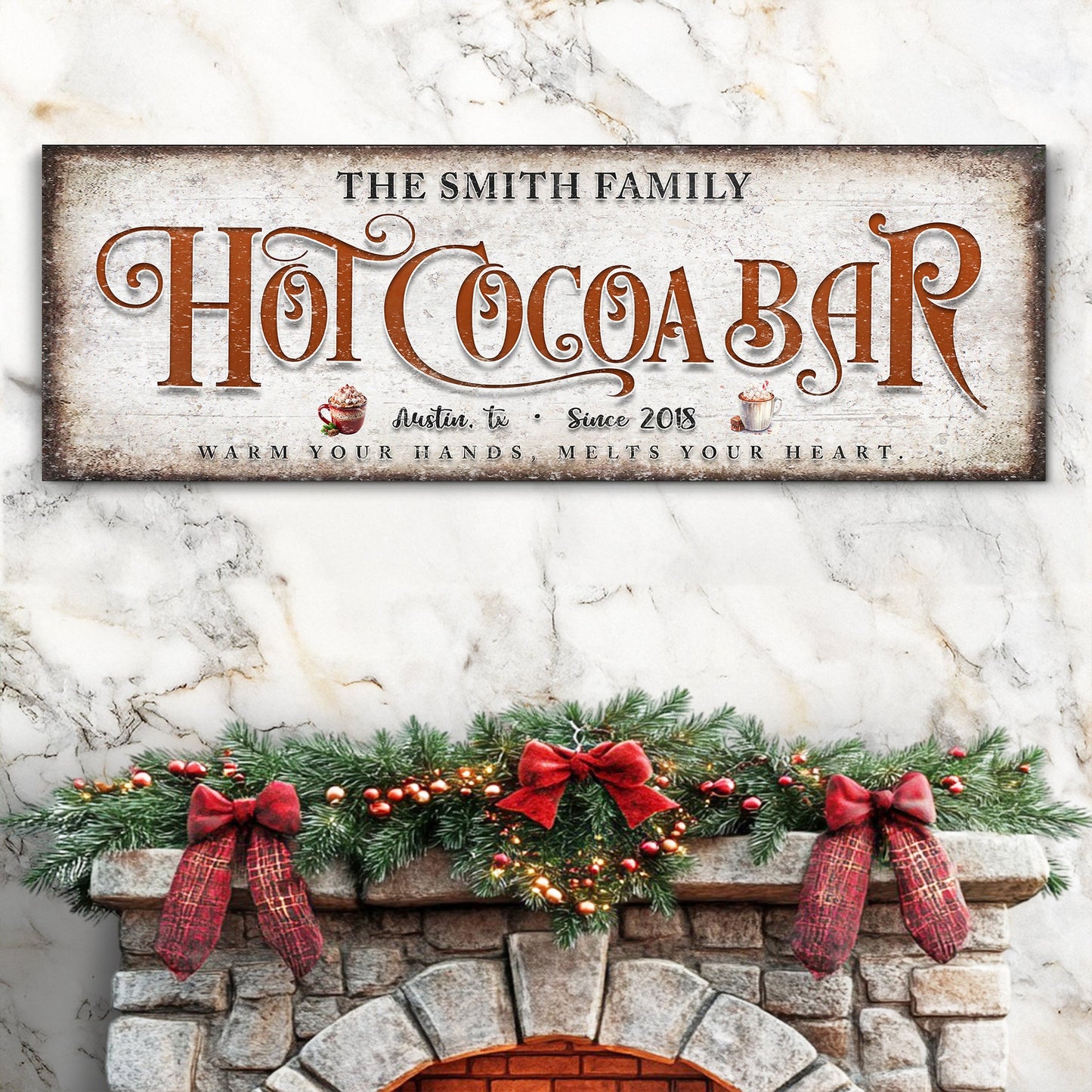 Hot Chocolate Christmas Bar canvas wall art with cozy Christmas signage style on gallery-wrapped canvas for holiday decor
