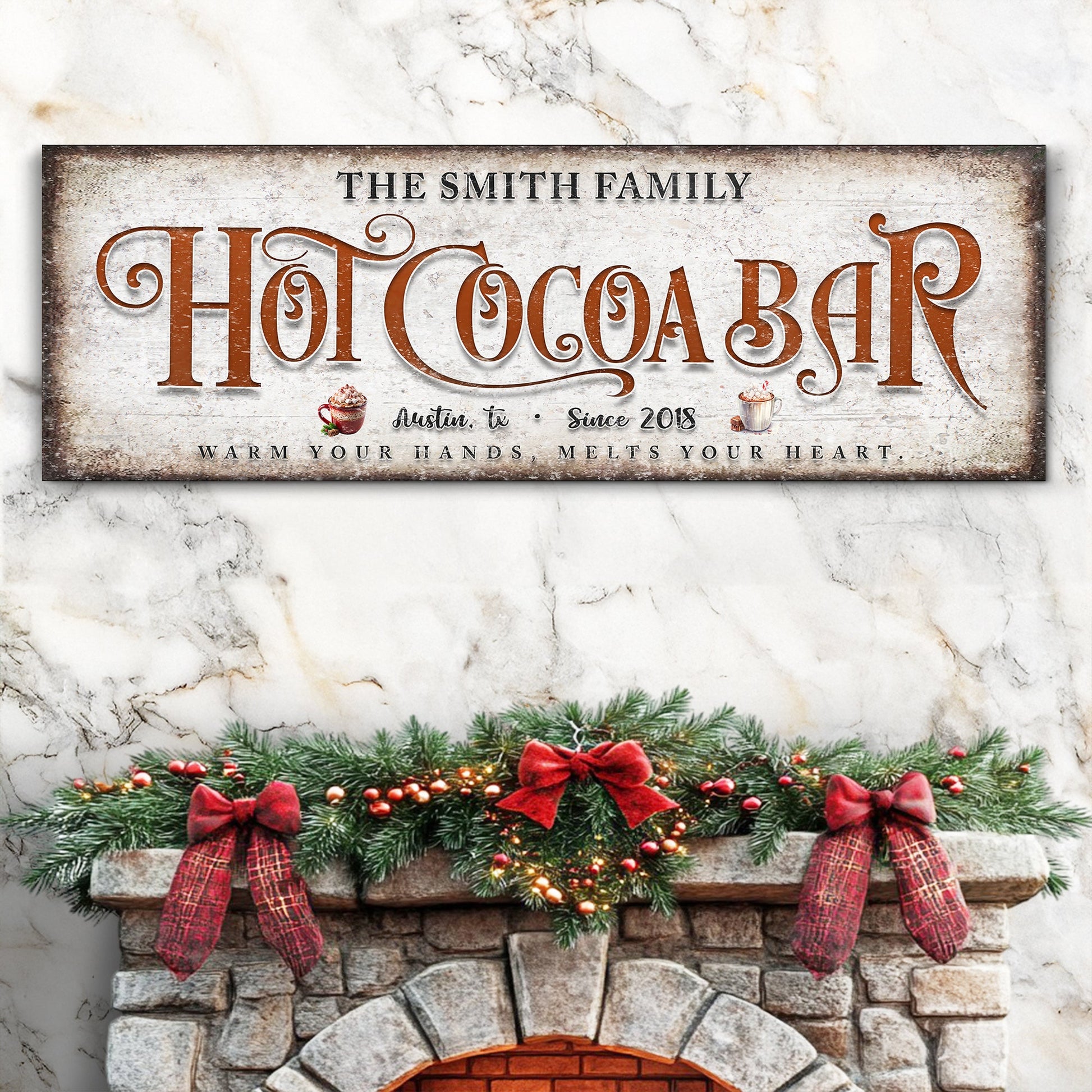 Hot Chocolate Christmas Bar canvas wall art with cozy Christmas signage style on gallery-wrapped canvas for holiday decor