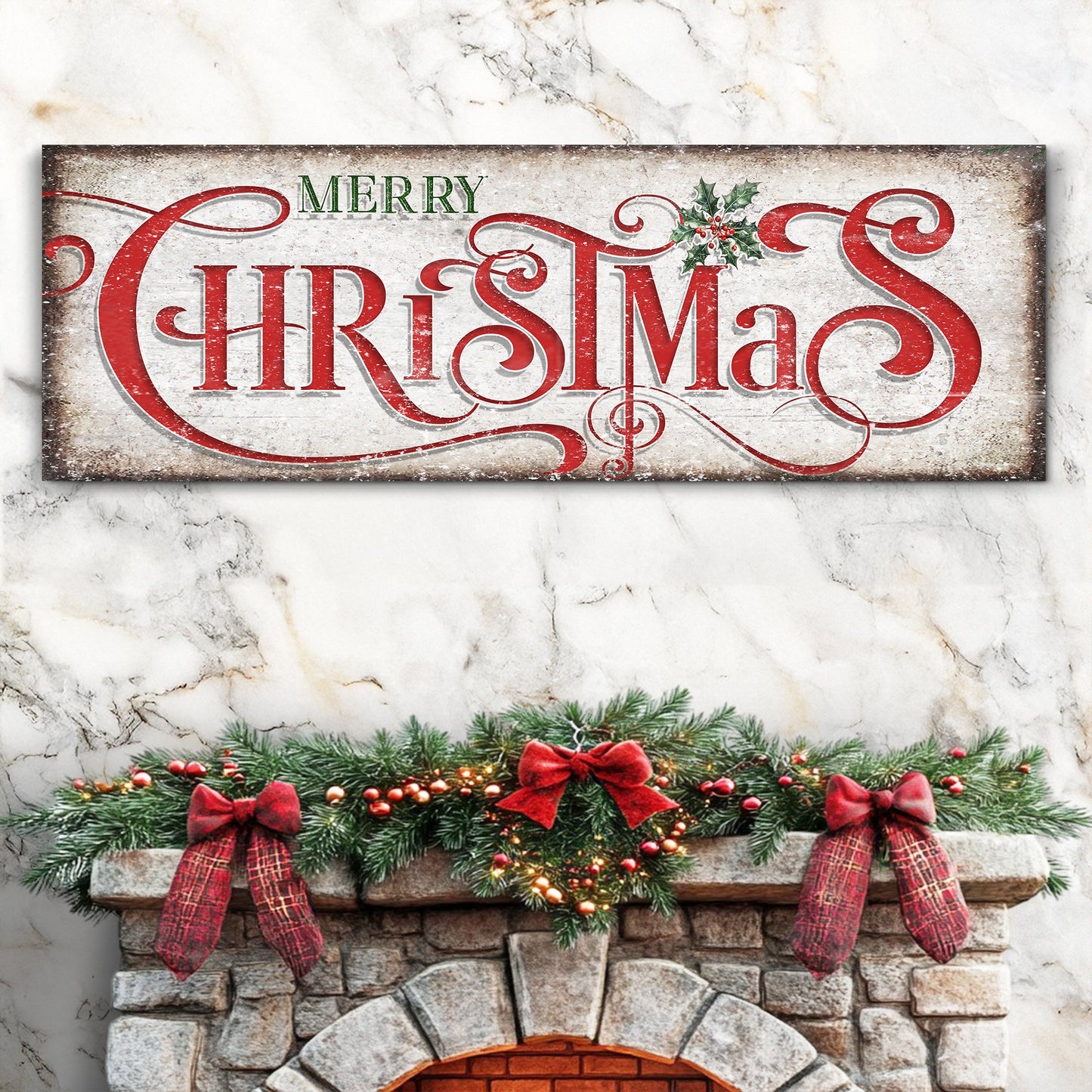 Vintage Merry Christmas vertical canvas sign with festive lettering
