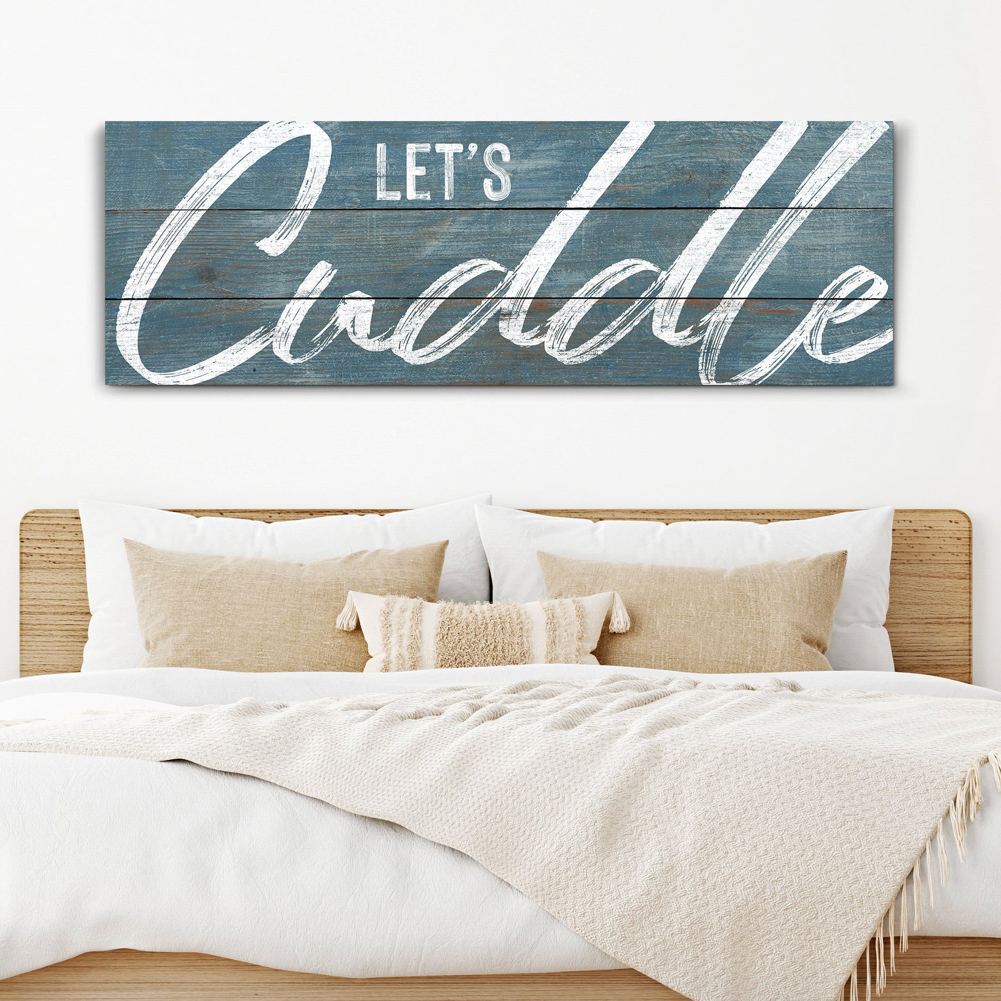 Let's Cuddle bedroom canvas wall art sign with cozy romantic typography for master bedroom
