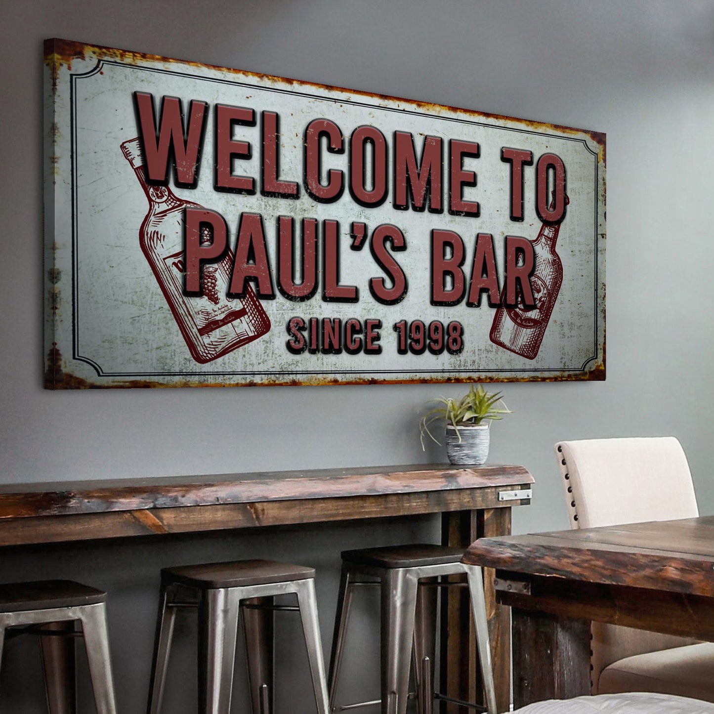 Personalized bar canvas sign with tavern-style lettering for a home bar
