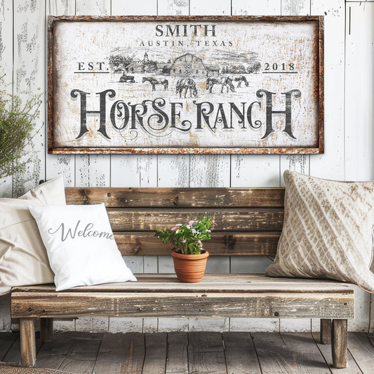 Rustic vintage horse ranch farmhouse canvas art with equestrian and country heritage design
