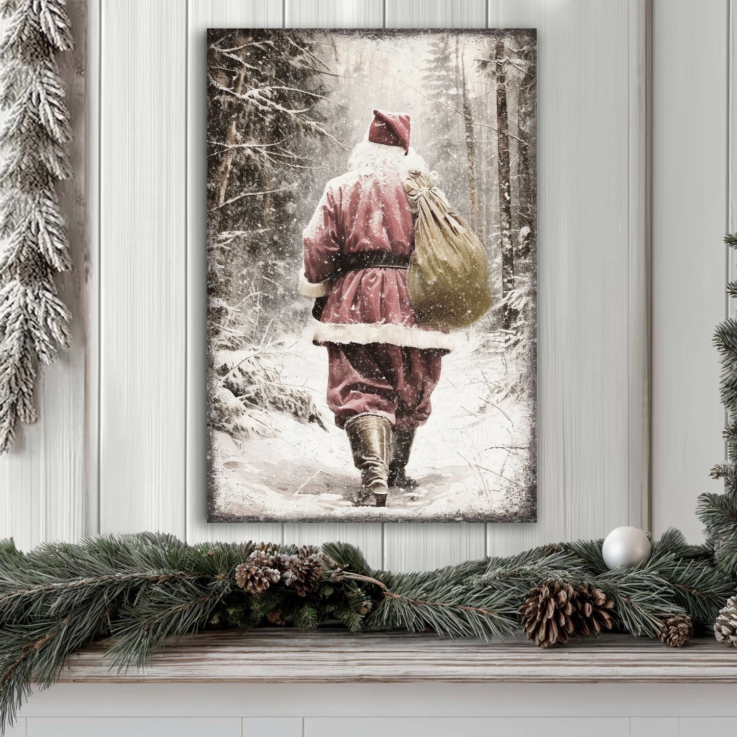 Vintage Santa in Winter Forest Christmas Canvas Wall Art II