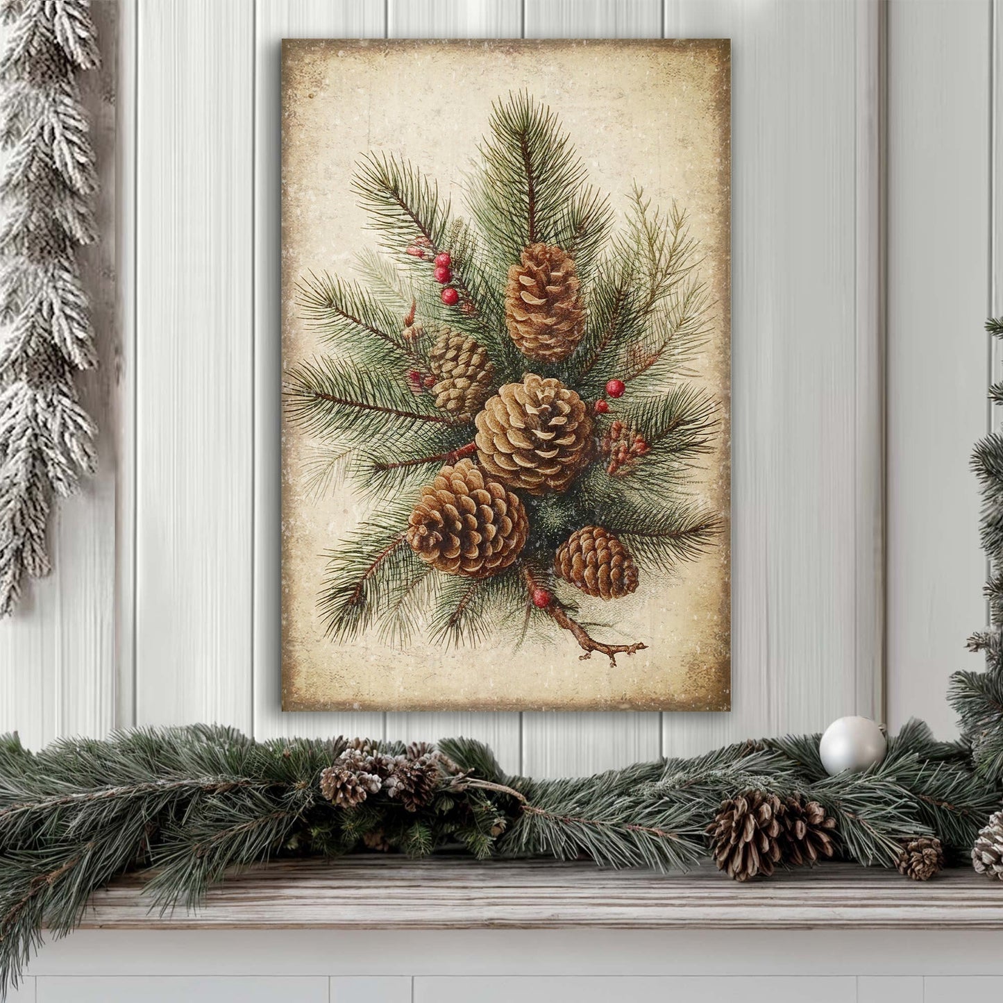 Vintage Winter Pine Cone Canvas Wall Art III