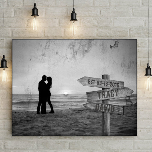 Monochrome sunset couple canvas sign with silhouette scene and custom names