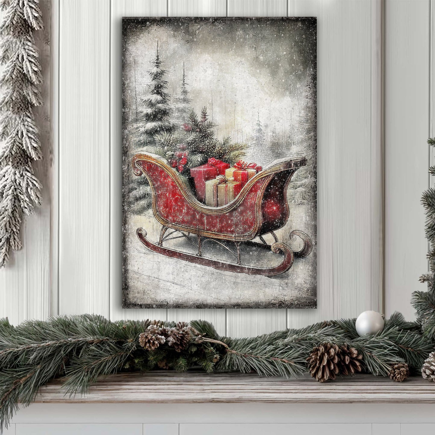 Vintage Christmas Sleigh Sled Canvas Wall Art