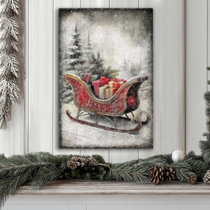 Red Sleigh With Gold Gifts canvas shown in a styled room setting, view 3