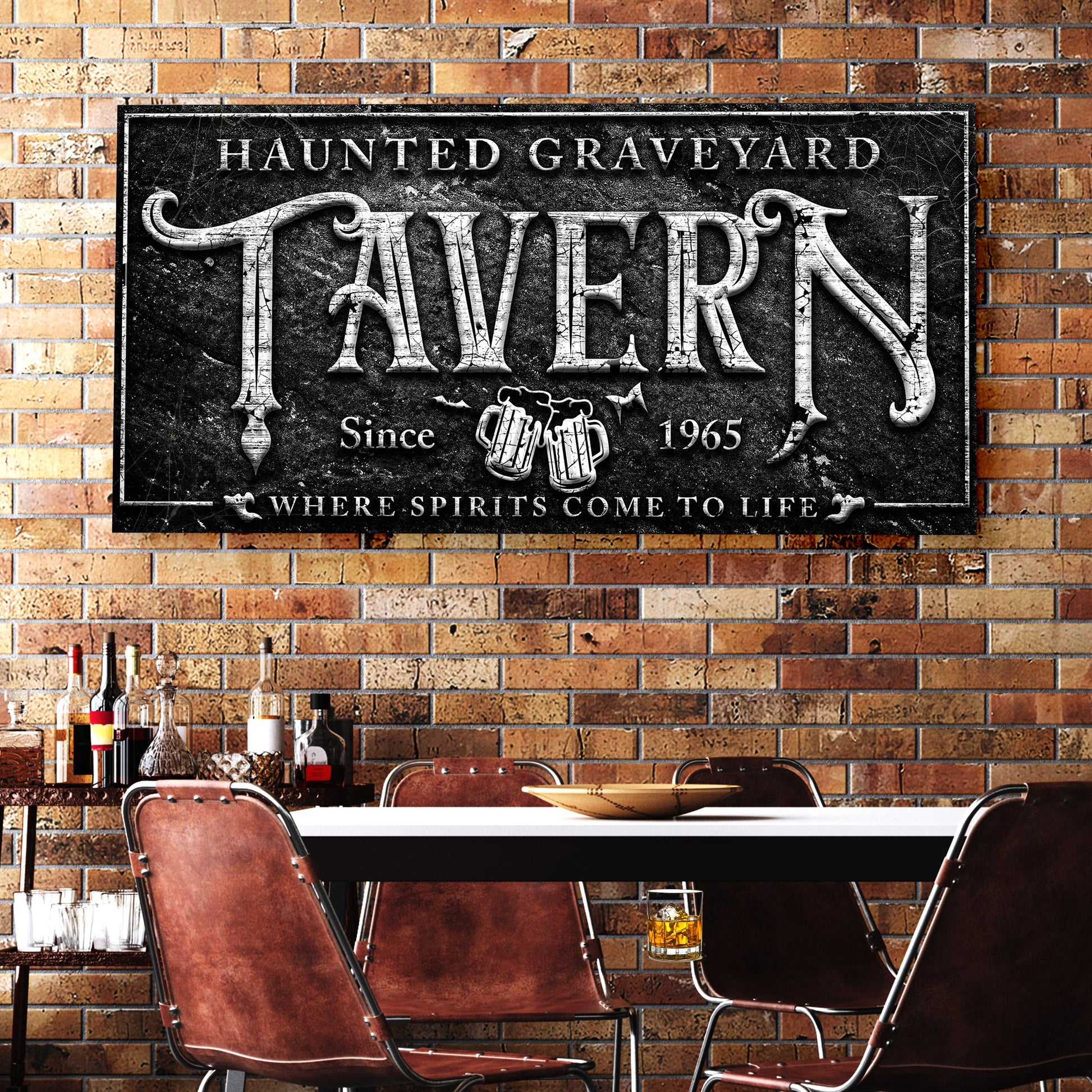 Haunted graveyard tavern Halloween canvas wall art with dark moody seasonal design