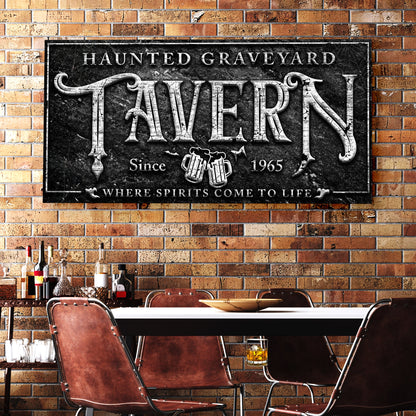 Haunted graveyard tavern Halloween canvas wall art with dark moody seasonal design