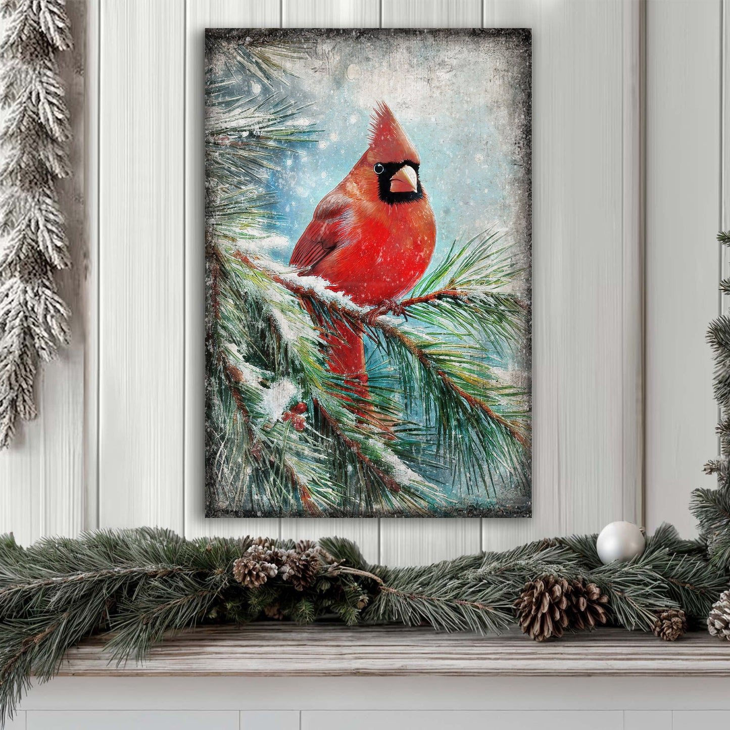 Vintage Cardinal Christmas Canvas Wall Art