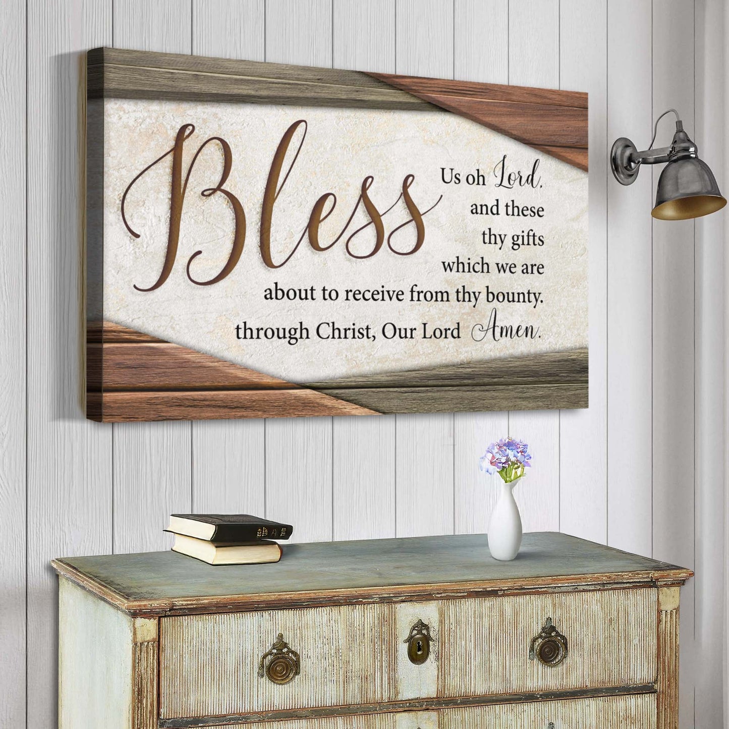 Bless us oh Lord Catholic faith canvas wall art with classic prayer farmhouse design