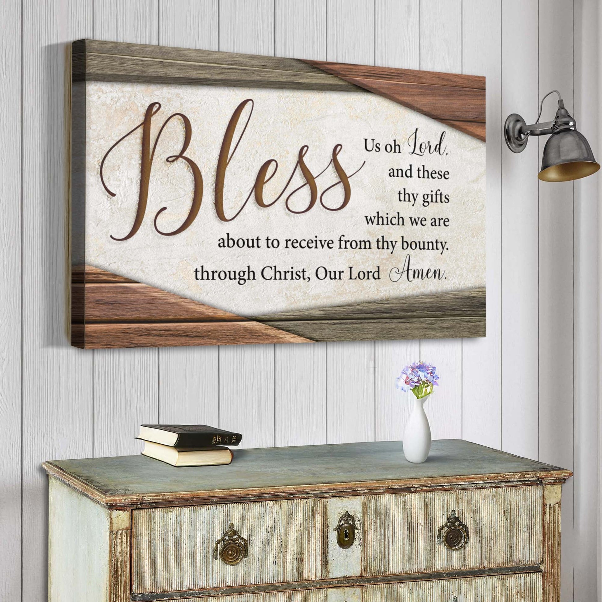 Bless us oh Lord Catholic faith canvas wall art with classic prayer farmhouse design