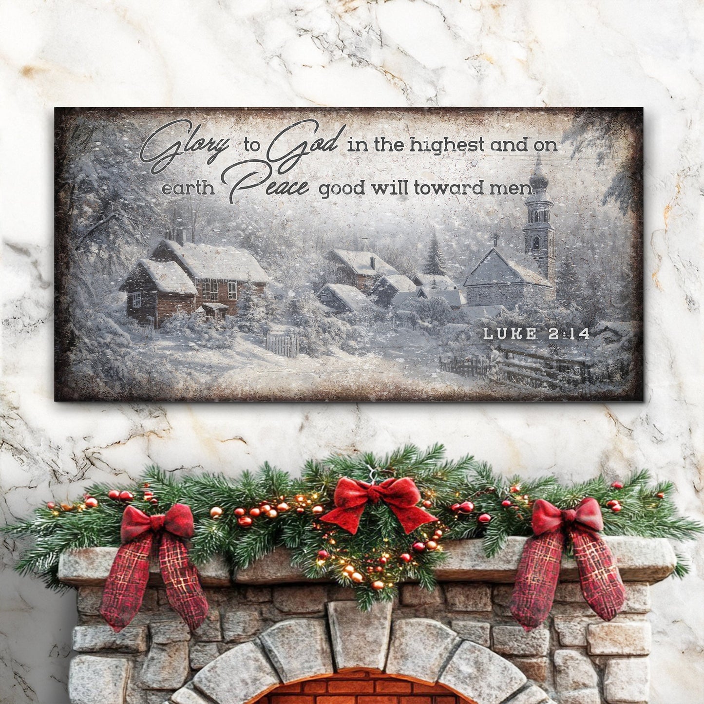 Vintage Christmas Village Luke 2:14 Scripture canvas II, glowing village scene with Luke verse