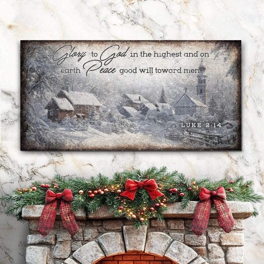 Vintage Christmas Village Luke 2:14 Scripture canvas II, glowing village scene with Luke verse