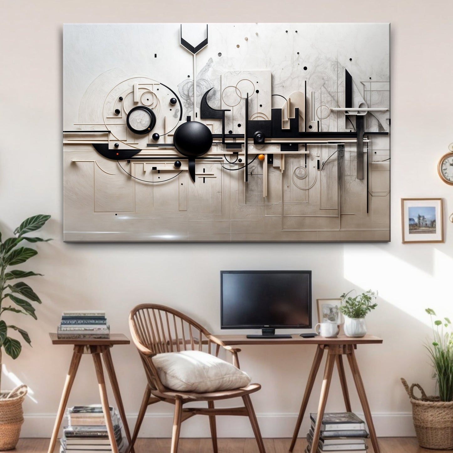Mechanical abstract canvas wall art with geometric shapes and precise industrial design lines