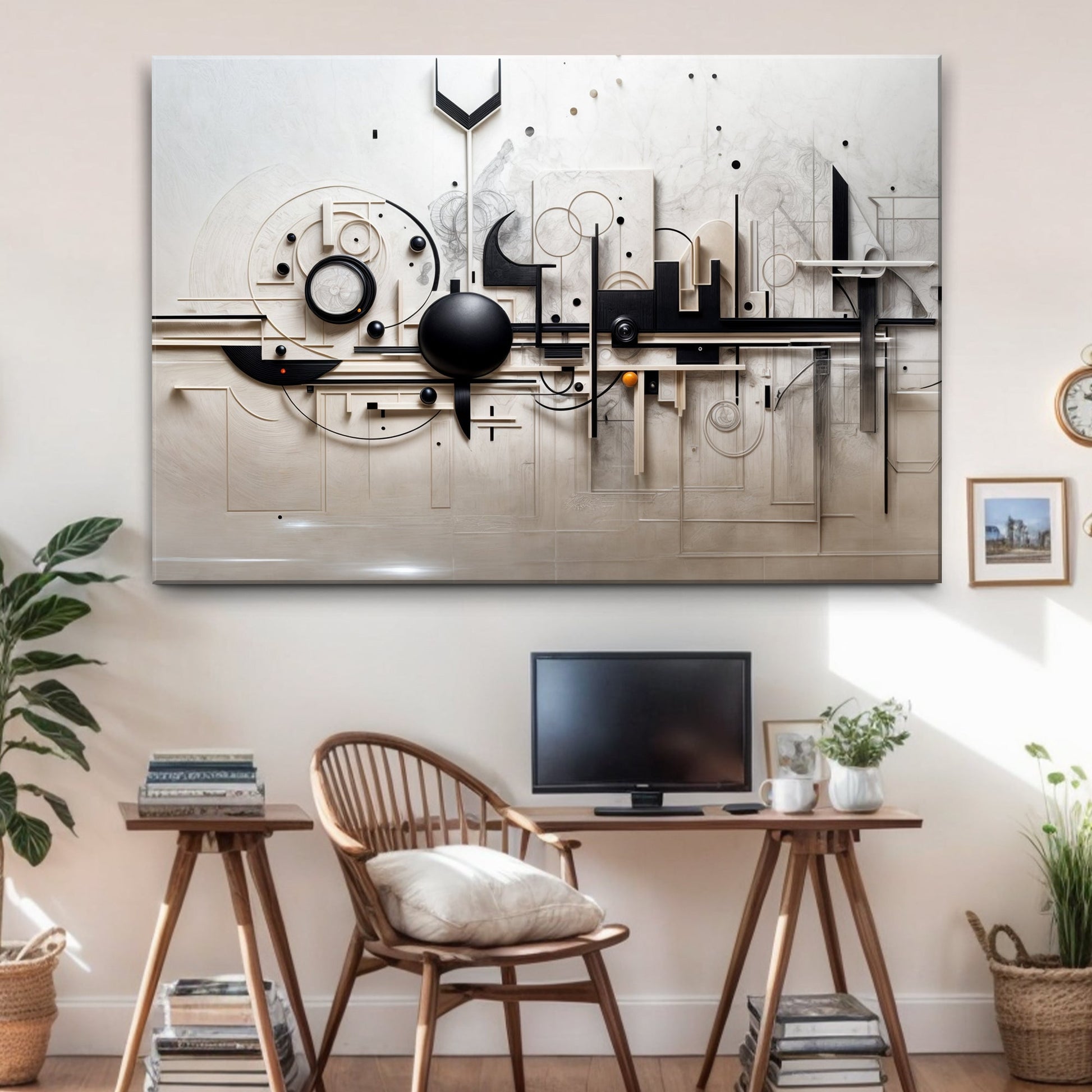 Mechanical abstract canvas wall art with geometric shapes and precise industrial design lines