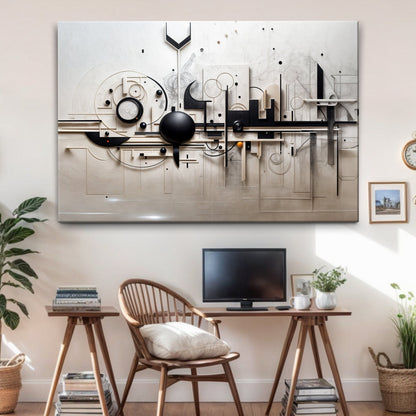 Mechanical abstract canvas wall art with geometric shapes and precise industrial design lines