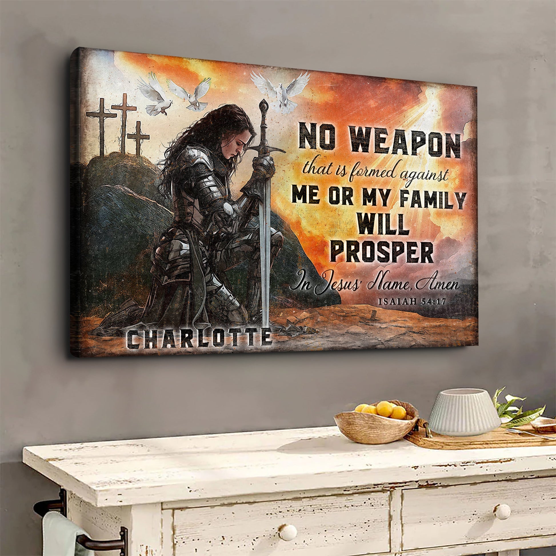 Isaiah 54:17 no weapon formed against you faith canvas sign